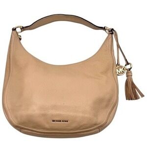 Michael Kors Pebble Leather Tassel Hobo Shoulder Bag Tan Gold‎ MK Logo